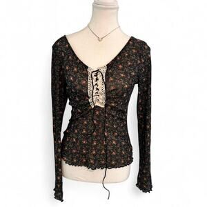 Agaci-Too Y2K Vintage Fairy Core Boho Bell Sleeved Paisly Floral Lace Up Size M